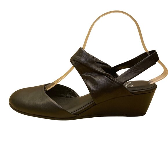Eileen Fisher Women’s Black Leather Open Toe Slingback Wedge Sandals Size 7.5 - Picture 4 of 8